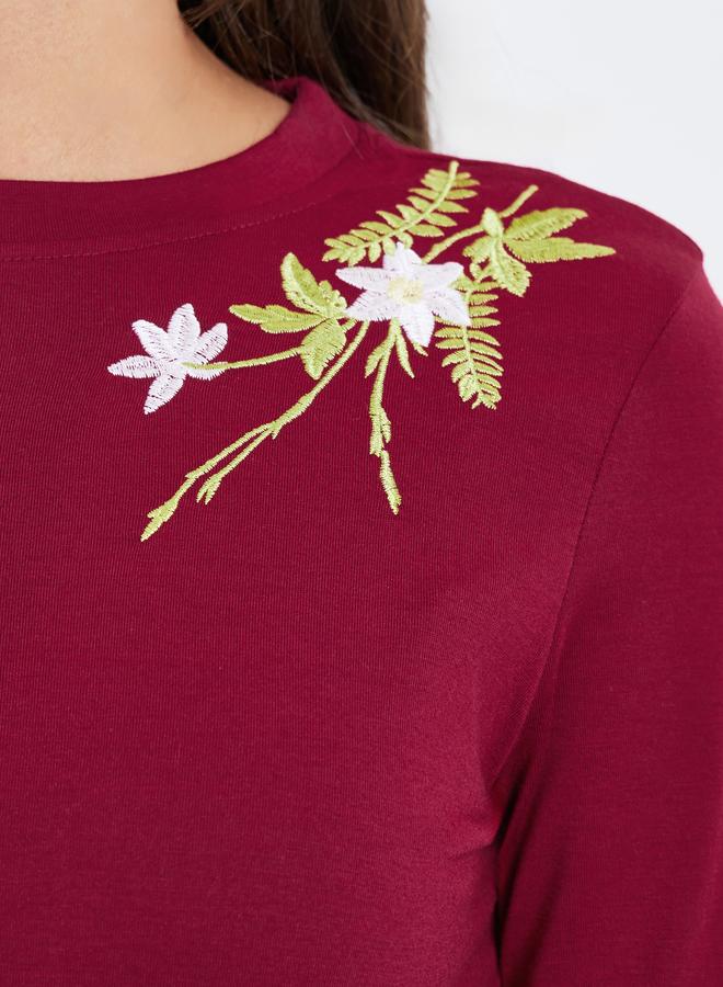 Styli Burgundy Embroidered Floral Long Sleeve T-Shirt - Image 4